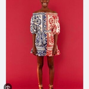 FARM Rio Off-Shoulder Floral Patchwork Mini Dress in Red & Blue